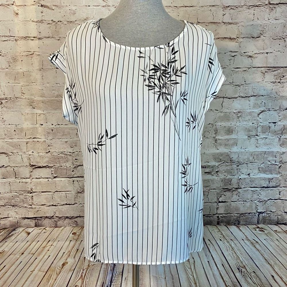 Como Blu Womens Striped Top Blouse Leaf Print Cuff Sleeve White Gray Size Medium